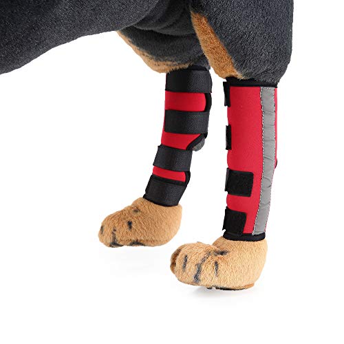 Dreamls Beinbandage für Haustiere, Hundeschutz, Wunden, chirurgische Verletzungen und Verstauchungen, Beinbandage mit reflektierenden Streifen, Hundebeinpolster (1 Paar), Größe M, Rot von Dreamls