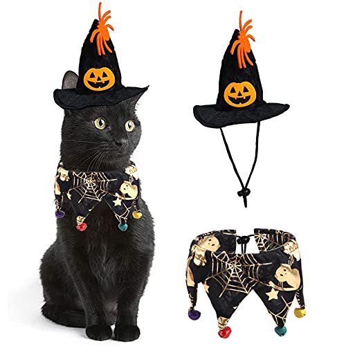 Dreamls Hund Kürbis Hut und Halsband Set Katzenhalsband mit Glocke Zauberer Hut Haustier Halloween Party Kostüm für Hund Katze (Spinnennetz) von Dreamls