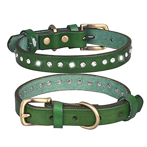Retro Hundehalsband aus Leder, verstellbar, weiches Hundehalsband mit Strasssteinen, Bling Welpenhalsbänder für kleine, mittelgroße Hunde (S:Grün) von Dreamls