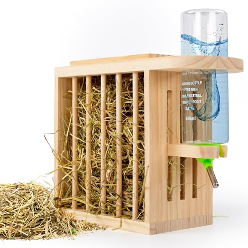 Drei Eichen - Heuraufe inkl. höhenverstellbarer Trinkflasche. Meerschweinchen Heuraufe Kaninchen Hasen Hamster Trinkflasche. FSC Holz. Perfekt für Kaninchenstall u.v.m. Hasen Zubehör Kaninchen Zubehör von Drei Eichen