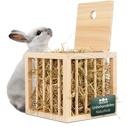 Drei Eichen - Heuraufe Kaninchen, Hasen, Hamster. Stabiler Stand in Würfelform. Unbehandeltes FSC Holz. Perfekt für den Kaninchenstall. Heuraufe Meerschweinchen. Heu. Zubehör. Groß. Stehend. von Drei Eichen