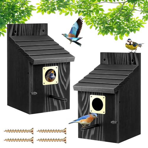 Dreyoo Vogelhäuser für den Außenbereich, 3,8 cm Eingangsloch, Zedernholz, Bluebird-Kastenhäuser, mit Metall-Raubfischschutz, sicherer Riegel, Rillen, Lüftungsschlitze für Bluebird Zaun von Dreyoo