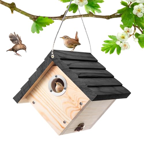 Dreyoo Zedernkönighaus, 3,8 cm Eingangsloch, Zaunkönig, Vogelhäuser für den Außenbereich, mit Metallschutz, Lüftungsschlitzen, hängende Vogelhäuser aus Holz für Zaunkönig, Küken (1 Stück) von Dreyoo