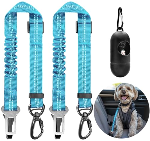 DRGXLE Hunde-Sicherheitsgurt, Auto-Sicherheitsseil, gewebtes, elastisches, drehbares Hundeseil, Auto-Fixator mit verstellbarer Länge (53,3–68,6 cm, Blau, 2er-Pack) und auslaufsichere Hundekotbeutel von Drgxle