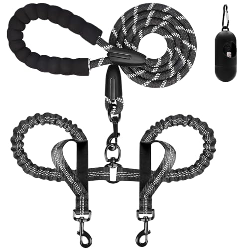 Hundeleine, doppelte Hundeleine für zwei Hunde, strapazierfähig, verstellbar, kein Verheddern, Bungee-einziehbar, mehrere Leine für Spaziergänge mit 2 Hunden, Hundekotbeutel, Reisezubehör (1,5 m - von Drgxle