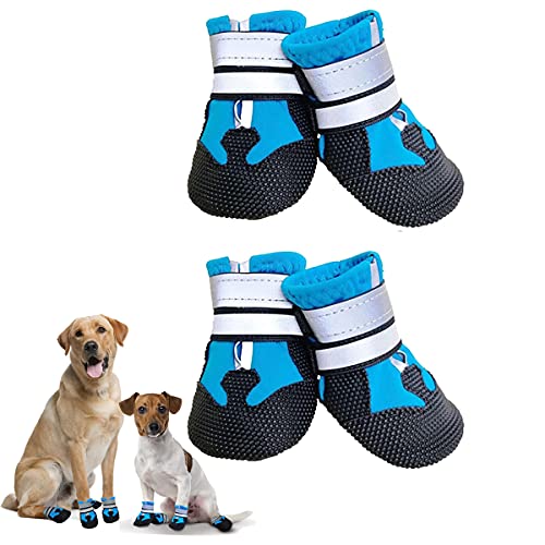 Dricar Hundeschuhe, 4Stück wasserdichte Hundepfotenschutz Hundestiefelmit Anti-Rutsch Sohle, reflektierendem Riemen, Klettverschluss, Hundeschuhe für mittlere und große Hunde Blaue (L) von Dricar