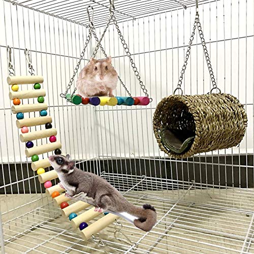 Dricar Hamster Spielzeug Vogelkäfig-Spielzeug-Set, 3 Stück, aus Holz, hängende Hängematte, Kletterleiter,Nestschaukel, Kauspielzeug, für Hamster, Papageien, Kleintiere von Dricar