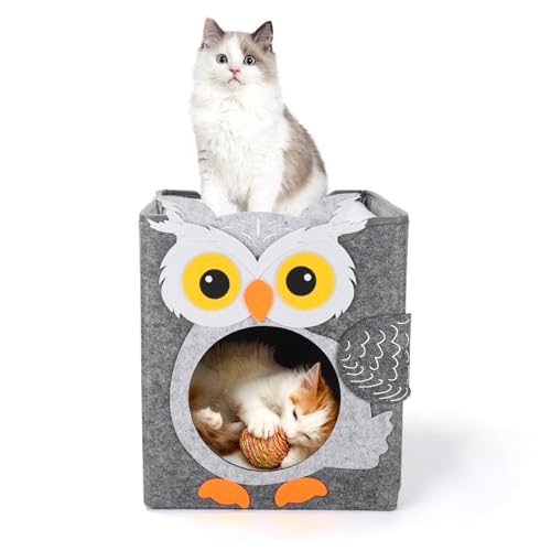 Dripex Katzenhöhle 2 Etagen Katzenhaus aus Filz inkl. Kissen Kuschelhöhle für Mietze Katzen zum Schlafen, Verstecken und Toben 30 x 35 x 35 cm (Eule) von Dripex