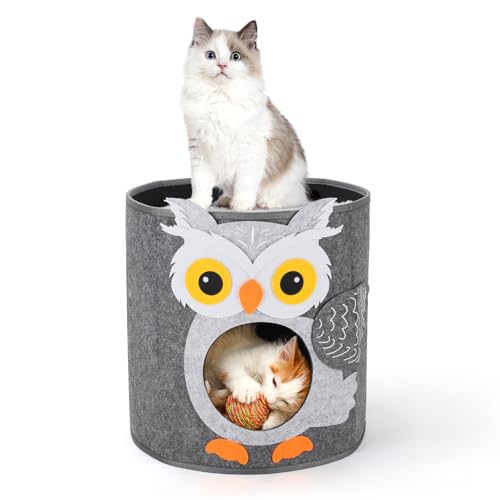 Dripex Katzenhöhle 2 Etagen Katzenhaus aus Filz inkl. Kissen Kuschelhöhle für Mietze Katzen zum Schlafen, Verstecken und Toben 35 x 35 x 35 cm (Eule) von Dripex
