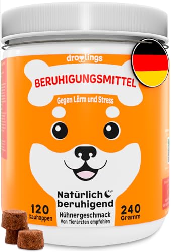 Beruhigungsmittel für Hunde mit 120 Kautabletten Natürliche Beruhigung und Entspannung bei Böllerschüssen, Angst, Reisestress oder Feuerwerk von Droolings