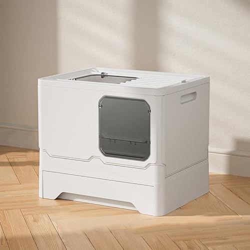 Drumm Faltbare Katzentoilette für Katzen, 45 x 35 x 38 cm, große Katzentoilette, Schublade mit Deckel, 2 Öffnungen, abnehmbares Tablett, Schaufel, Bürste von Drumm