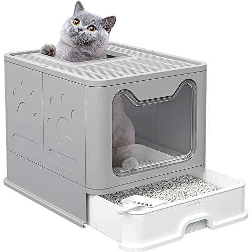 Katzenstreu Tray, Faltbare Katzenstreu Tray mit Deckel, Deckel, Spritzschutz für Katzen, einfach zu reinigen Kein Geruch Pet Jumbo Katzenstreu Tray,51 * 41 * 38cm (Gris-2) von Drumm