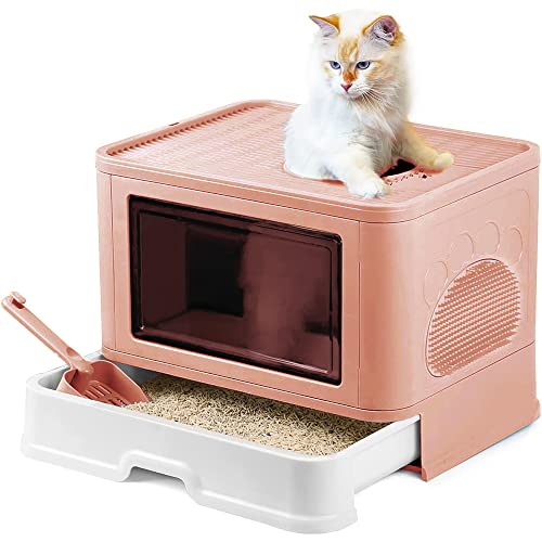 Katzenstreu Tray, Faltbare Katzenstreu Tray mit Deckel, Deckel, Spritzschutz für Katzen, einfach zu reinigen Kein Geruch Pet Jumbo Katzenstreu Tray,51 * 41 * 38cm (Couleur Rose) von Drumm