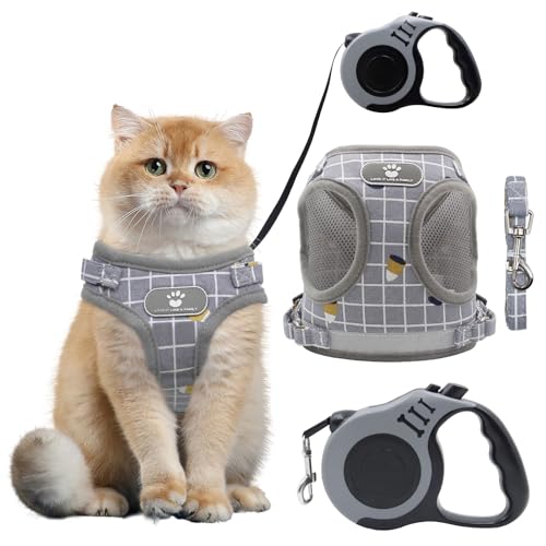 Druuzyl Katzengeschirr und Katzenleine Set, Katzen Geschirr Set Katzengeschirr Ausbruchsicher für Katze Hunde mit 5 m Fuß Katzenleine Verstellbar Katzenweste (Grau, M) von Druuzyl