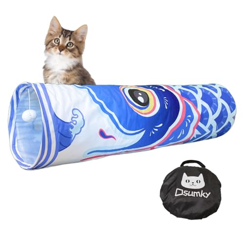 Dsumky Katzentunnel mit Fisch-Design, Plüschtier Ball, leicht zu reinigen, zusammenklappbar, Verstecken und Verstecken Spielen, Selbstunterhaltungsspielzeug (Ozeanblau, L (90.0 cmx 25.0 cm) von Dsumky