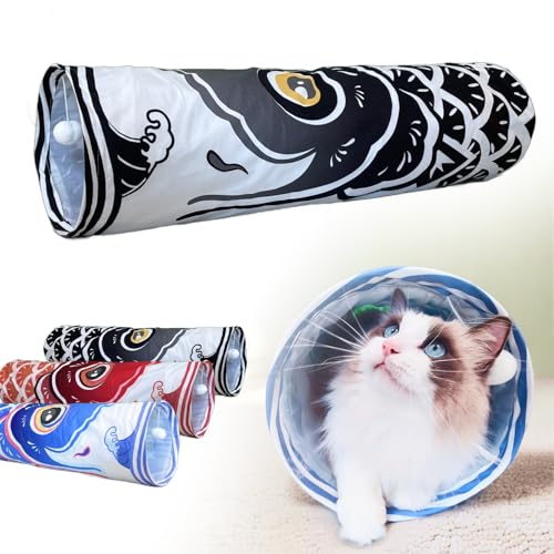 Dsumky Katzentunnel mit Fisch-Design, Plüschtierball, leicht zu reinigen, zusammenklappbar, Versteckspiel und Selbstunterhaltungsspielzeug (elegantes Schwarz, L (90 x 25 cm) von Dsumky