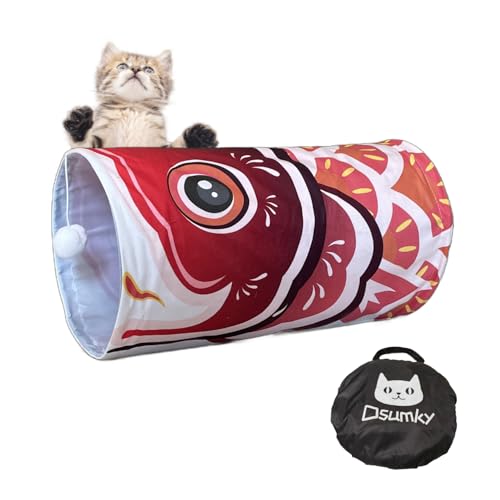 Dsumky Katzentunnel mit Fisch-Design, Plüschtierball, leicht zu reinigen, zusammenklappbar, Versteckspiel und Selbstunterhaltungsspielzeug (strahlendes Rot, S (45.0 cmx 25.0 cm) von Dsumky