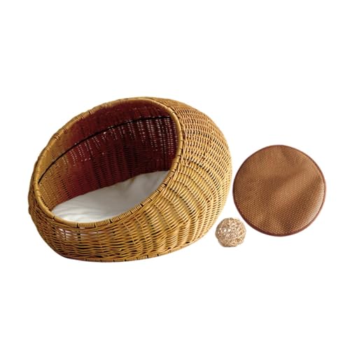 Dualoai Cat House gewebtes Katzenbett Imitation Rattan atmungsaktiv alle Jahreszeit, Hellbraun von Dualoai