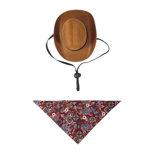 Dualoai Cowboyhut Und Bandana Set für Haustiere, Halloween Kostüm für Hunde Und Katzen, Red S von Dualoai