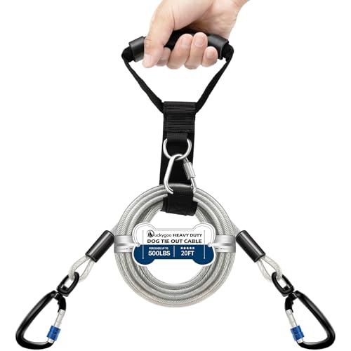Duckygoo Robustes Hundeleinenkabel für Hof und Camping, rostfreies Leinenkabel mit Tragegriff, kein Verheddern, für mittelgroße bis große Hunde bis zu 227 kg, 6 m, Silber von Duckygoo