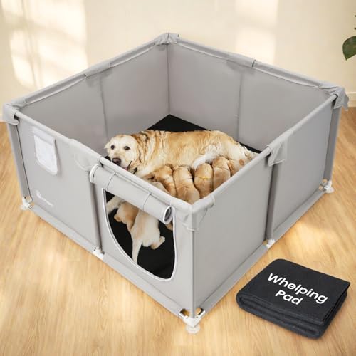 Duckygoo Welpenkiste für Hunde – 127,7 cm L x 127,7 cm B x 63,5 cm H Hundewelpenlaufstall für Welpen, Haustier-Welpen-Welpen-Welpen-Box, insgesamt 600D-Oxford-Gewebe mit saugfähiger Welpen-Auflage von Duckygoo
