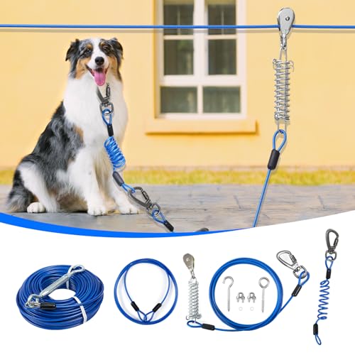 Hundeläufer für den Hof, doppelte Stoßdämpfung, Hunde-Trolley-System für große Hunde, robustes 15 m langes Hundeleinenkabel mit 3 m langen Hundeleinen, für Hunde bis zu 113 kg, Antennen-Hunde-Zippline Hundeläufer für den Hof, doppelte Stoßdämpfung, Hunde-Trolley-System für große Hunde, robustes 15 m langes Hundeleinenkabel mit 3 m langen Hundeleinen, für Hunde bis zu 113 kg, Antennen-Hunde-Zippline von Duckygoo