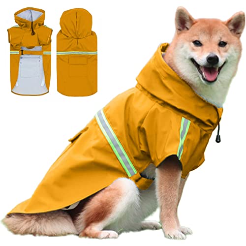 Ducomi Neon, Regenmantel für Hunde, klein, mittel und groß, mit Klettverschluss und Tasche, Mantel mit reflektierendem Band und verstellbarer Kapuze (Gelb, S) von Ducomi