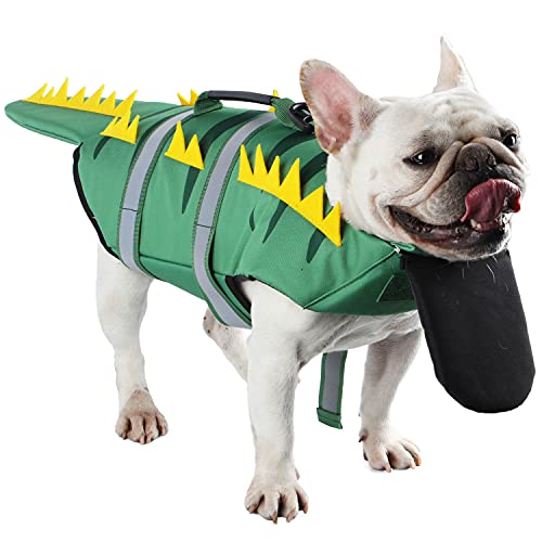 Due Felice Schwimmweste für Hunde, für kleine und mittelgroße Hunde, zum Schwimmen oder Bootfahren, grüner Dinosaurier/groß von Due Felice