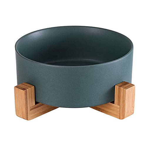 Duendhd Schüssel, Schüssel für Futter und Wasser, erhöhter Keramik-Futternapf zum Schutz des Haustieres, mit Holzständer (grün) von Duendhd