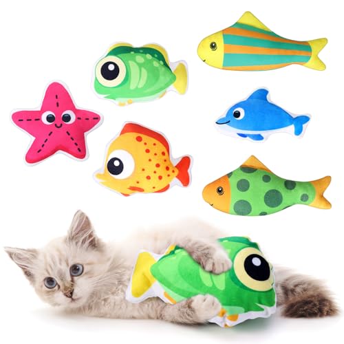 Dulov Katzenminze-Spielzeug, 6er-Pack Katzenminze-Fischspielzeug für Katzen, interaktives Plüsch-Kauspielzeug für Kätzchen, Zahnreinigung & Spielen ​ von Dulov