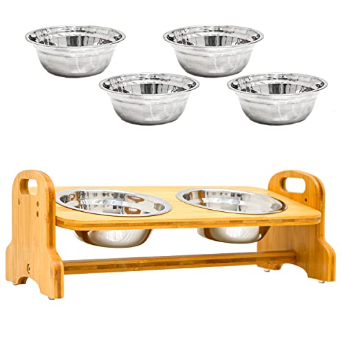 DuneDesign 4 Schalen: Ergonomischer Hundenapf kleine Hunde - Katzennapf erhöht - 40x18x15 Bambus Hundefutter Station Katzen Essen Station - Futternapf Hund Katzenfutter Station Fressnapf Kleine Hunde von DuneDesign