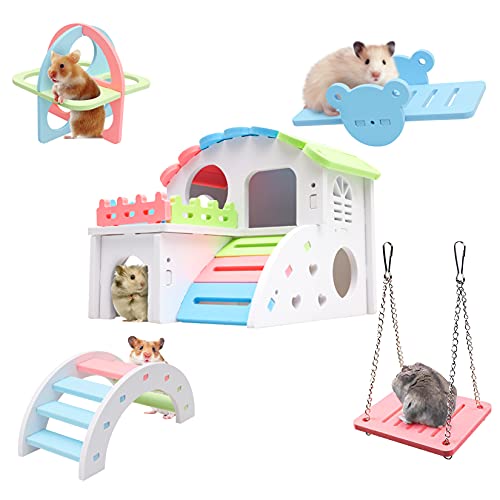 Duogege Syrisches Hamsterspielzeug-Set, verbesserte Version 22,6 cm großes Hamsterhaus, Holz-Rümaus-Versteck Kleintier-Wippe, Meerschweinchen-Sportübungsspielzeug, Regenbogenbrücke, Schaukel, von Duogege