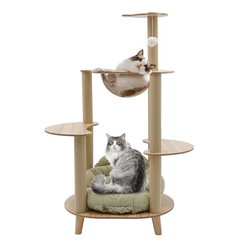 Großer Kratzbaum für Wohnungskatzen Stabiler Katzenklettergerüs, Katzenmöbel Katzenhaus mit Sofabett und Plüschball 115cm Höhe Holzfarbe von Duoruameng