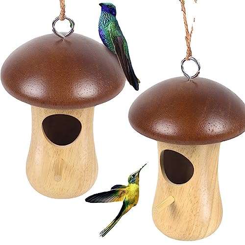 Durratou 2Pcs Pilz Form Yard Dekoration Spatz Käfig Vogel Haus Baum Hängen Feeder Vogel Nester Holz von Durratou