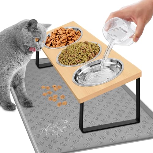 Duscdesp 3er Set Katzennapf Erhöht, Futternapf Katze aus Edelstahl mit Metall Ständer Fressnapf Hund mit Bambus und Napfunterlage, 15° Gekippte Ergonomischer Futterstation für Katzen und Kleine Hunde von Duscdesp