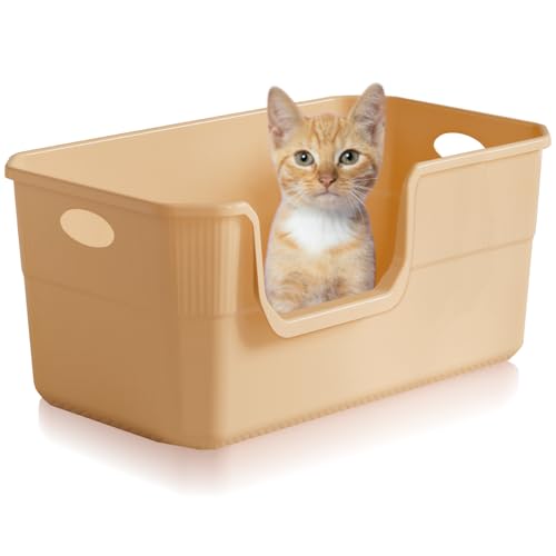 Duscdesp Katzentoilette, groß, extra groß, mit offener Oberseite, hohe Seiten, tiefe Katzentoiletten für Katzen, Kätzchen, Kaninchen, Hunde (Beige) von Duscdesp
