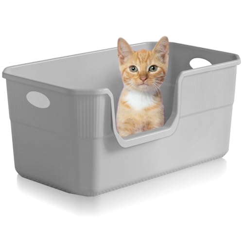 Duscdesp Katzentoilette, groß, extra groß, mit offener Oberseite, hohe Seiten, tiefe Katzentoiletten für Katzen, Kätzchen, Kaninchen, Hunde (grau) von Duscdesp