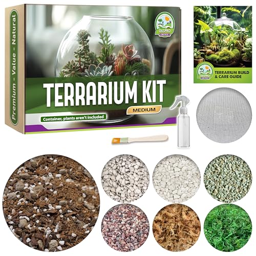 DUSPRO Recycling-Terrarium-Starter-Set, Kokosfaser, Torfmoos, Kiefernrinde, Perlit, Bims, Netzbarriere, Pflegewerkzeuge, Leitfaden, DIY-Terrarium-Set für Kinder, Luftpflanze, Sukkulenten (mittel) von Duspro