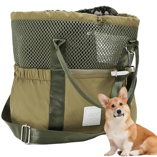 Duuclume Belüftete Tragetasche für Hunde und Katzen, leichte Netz-Schulter-/Tragetasche mit 4 Taschen und herausnehmbarem gepolstertem Pad, atmungsaktive Sommer-Reisehandtasche (Olivgrün) von Duuclume