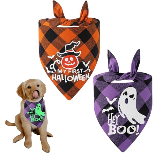 Duuclume Halloween-Hundehalstücher, 2 Stück, reflektierend, kariert, dreieckig, Haustier-Schal für Thanksgiving, Weihnachten, Süßes oder Leckereien, leuchtet im Dunkeln, Hundewelpen-Kostüm, von Duuclume