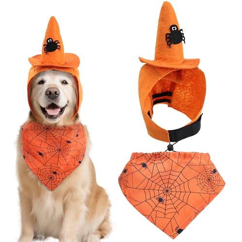 Duuclume Halloween-Kostüm-Set, verstellbare Hundehalstücher und Hüte für kleine bis große Hunde, Dreieckstücher, Cosplay-Kleidung für den Urlaub (Orange, L) von Duuclume