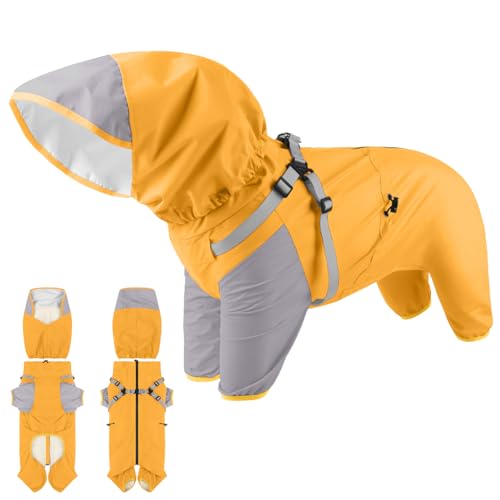 Duuclume Hunde-Regenmantel, wasserdichte Hundejacke mit abnehmbarer Kapuze und elastischen, verstellbaren Schnallen, leichte und lebendige 4-Beine-Haustier-Regenjacke mit atmungsaktivem Netz und Loch von Duuclume