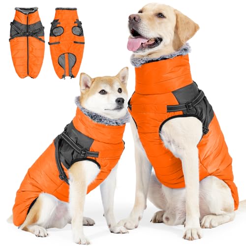 Duuclume Hunde Wintermantel,Wasserdicht & Winddicht, Warm mit Hohem Halsausschnitt, Integriertem Geschirr, Reflektierenden Weste & Reißverschluss – Ideal für Kalte Temperaturen & Schnee (Orange, XL) von Duuclume