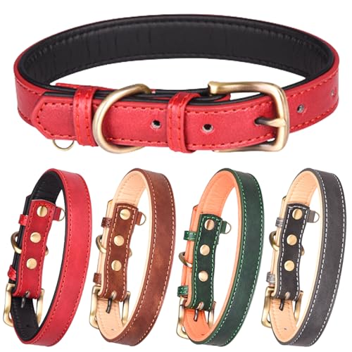 Duuclume Hundehalsband, Leder, weich gepolstert, doppeltes Leder, klassisches Haustierhalsband mit verstellbarer, rostfreier Metallschnalle (L rot) von Duuclume