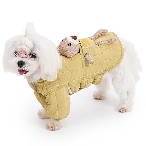 Duuclume Hundemantel für kleine Hunde, weich, warm, Fleece, winddicht, verstellbar, zweibeinig, Welpenoverall mit niedlichem Bären- und Leinenloch, Haustierbekleidung für Chihuahua (Gelb, L) von Duuclume