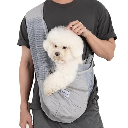 Duuclume Hundetasche – leichte, atmungsaktive Netz-Tragetasche für Katzen und kleine Hunde (bis zu 7 kg), verstellbarer Gurt mit Reißverschlusstasche (grau) von Duuclume
