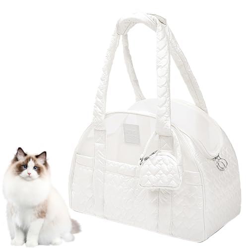 Duuclume Hundetragetasche für kleine Hunde und Katzen, weiche Haustier-Handtasche mit Herzformen, ausbruchsichere Seitentasche, atmungsaktives Mesh und abnehmbarer Boden (weiß) von Duuclume