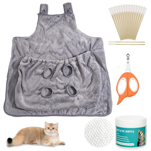 Duuclume Katzenpflegeset, Katzenträger-Schürze mit 4 Löchern zum Schneiden von Nägeln, professioneller Katzennagelschneider, 50 Wattestäbchen für Ohrenreinigung, 100 Stück Haustieraugen-Tücher zum von Duuclume