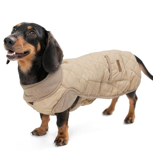 Duuclume Langkörper Dackel-Hundemantel, warm, winddicht, wasserdicht, Haustier-Overall für draußen, verstellbare Hundeweste mit Tasche und Loch für die Leine (Beige, M) von Duuclume