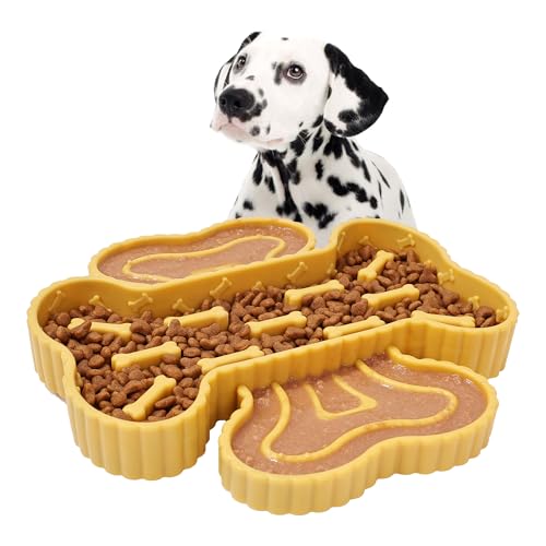 Duuclume Langsamer Futternapf für Hunde mit Saugfuß, Anti-Würge-Knochen-Design für Trocken-/Nassfutter, rutschfeste Tiernahrung, Puzzle-Schale für kleine bis große Hunde, Katzen (Gelb) von Duuclume